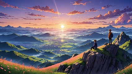 Wall Mural - At the mountain's summit, the sunset paints the sky in stunning shades of orange and purple, while a soft mist blankets the valley below, anime style 