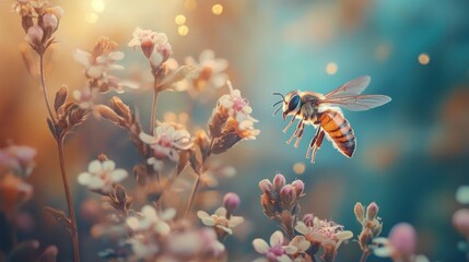 Poster - Honeybee in Flight Over a Meadow of Blossoms