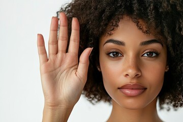 Woman showing hand on white background, closeup , ai