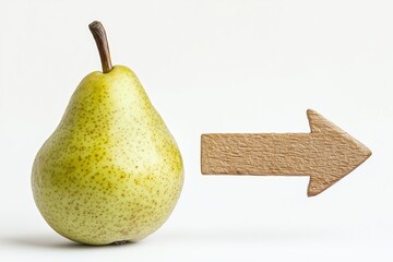 Wall Mural - Pear Direction: A single, ripe pear with a cardboard arrow pointing right against a minimalist white background. 