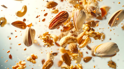 Vegan light snack. A handful of various nuts flies into the air. The nuts include almonds, cashews, pistachios and walnuts