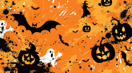 Wall Mural - Halloween background with jack-o'-lanterns, bats, and witch hat on a splattered orange canvas