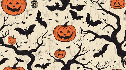 Wall Mural - Halloween seamless pattern with pumpkins and bats flying over dead trees, a spooky vector illustration