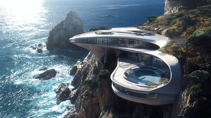 Sleek Luxury Mansion on Cliff with Expansive Ocean Vista and Rugged Coastline.