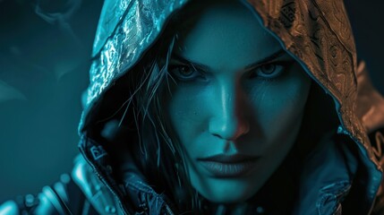 Mysterious female warrior wearing a hood on a dark background in cyberpunk style. ai generated image