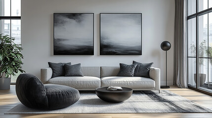 Modern living room interior with a white sofa, black armchair, a black coffee table and two abstract paintings on the wall.