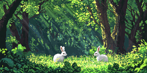 Pixel art of two white rabbits in the forest, generative AI