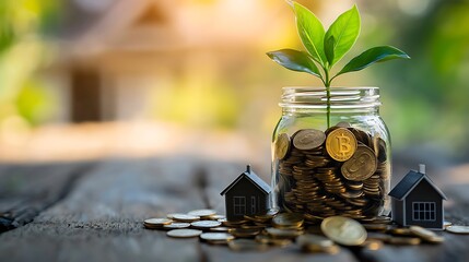 A savings concept with coins, a sprouting plant, and a house model, embodying the goal of homeownership.