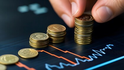 Hand Placing Coin on Stack of Coins Against a Stock Chart