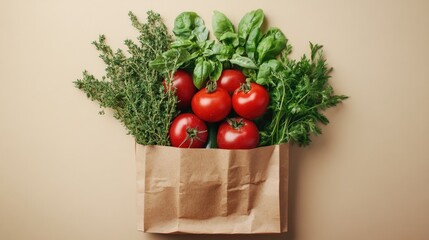 Fresh Organic Vegetables and Herbs in Paper Bag Against Beige Background