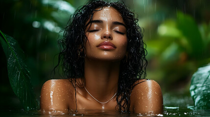 Poster - Woman with wet hair and skin in the rain,  looking at the camera with closed eyes.