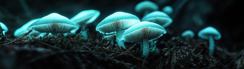 Ethereal glowing mushrooms in a dark forest setting, showcasing nature's enchanting beauty and vibrant colors.