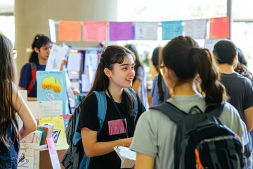 a campus club fair in full swing, with students visiting booths and asking questions. the event is b