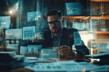 Poster - Businessman Analyzing Data with Holographic Displays