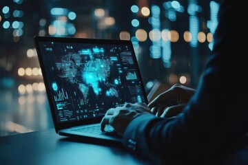 Poster - Person Working on Laptop with World Map and Data Display