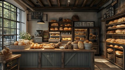 A bakery interior with 3D-rendered freshly baked organic bread and pastries on a rustic counter