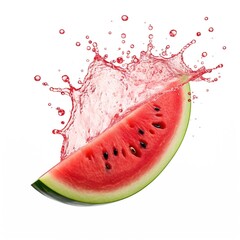 Wall Mural - Falling on watermelon slice with watermelon juice splash isolated on a white background