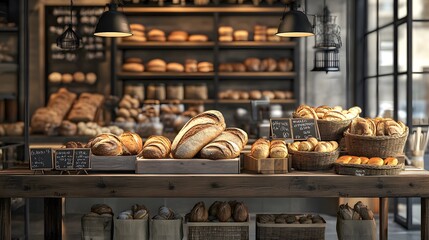 A bakery interior with 3D-rendered freshly baked organic bread and pastries on a rustic counter