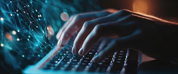 Poster - hands typing on a laptop with digital network background
