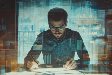 Poster - man working on a computer with data displayed on the screen.