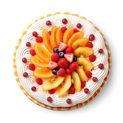 Wall Mural - Fully decorated a pastry cake top view, fully round cake isolated on white background