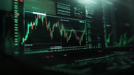 Wall Mural - Monitor displaying a financial chart with green and red candlesticks against a dark background