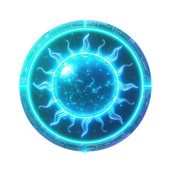 Futuristic energy shield with glowing blue sun symbol, digital illustration representing technology and energy concepts.