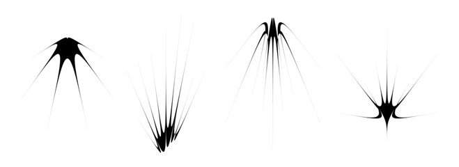 Poster - Black thin spiky element set. Abstract sharp thorn shapes and angular twinkles bundle. Futuristic spokes objects for poster, collage, banner, logo, card, icon, label, sticker, badge. Vector