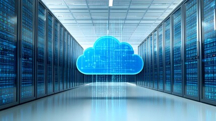 Fototapete - Cloud Computing Data Flowing Through Servers Concept for Business and Technology