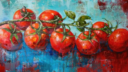 Wall Mural - Vibrant painting of fresh tomatoes with tomato-inspired words on a blue and red background.