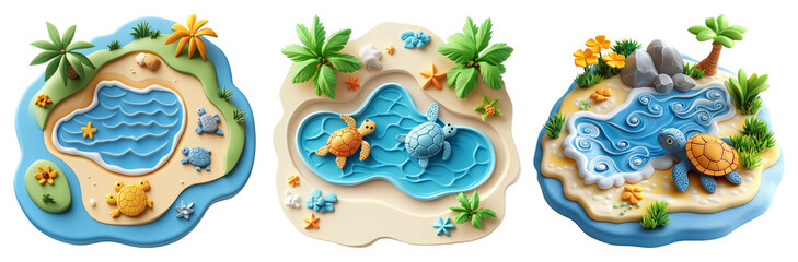 Miniature island scenes with ocean views and palm trees isolated on transparent background