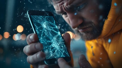 Poster - Cracked Phone Screen with Frustrated Expression in the Background