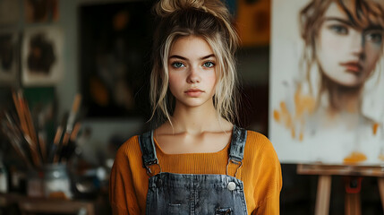 Poster - Young woman with a messy bun wearing a mustard sweater and denim overalls, looking at the camera in a dimly lit studio.