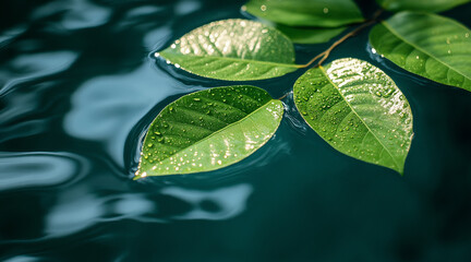 Vibrant green leaves floating on dark water surface, Serene pond or lake leaf nature background