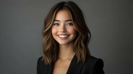 Young woman with brown hair smiling in a black blazer.