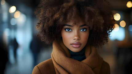 Sticker - Young woman with curly hair wearing a brown coat and scarf looks directly at the camera.