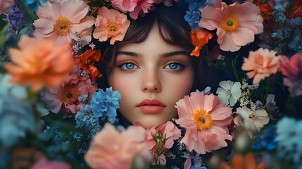 Poster - Young woman's face surrounded by a beautiful bouquet of pink and blue flowers.