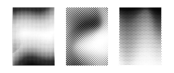 Aufkleber - Grunge halftone gradient background set. White and black grit sand noise texture collection. Retro dotted pixelated raster backdrop pack. Comic polka dot overlay for banner, poster, print. Vector