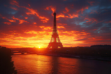 Eiffel Tower at sunset in Paris, France, Romantic travel background