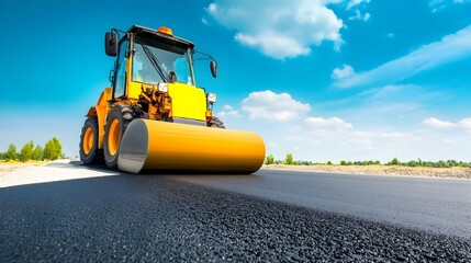 Poster - Steamroller Smoothing Fresh Asphalt on Highway Road Construction Project