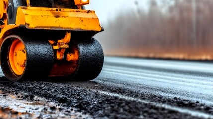 Aufkleber - Steamroller Smooths Newly Laid Asphalt on Highway Construction Site