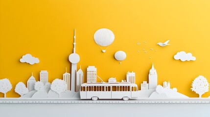 Poster - Stylized Tram Navigating a Bustling City Street in Paper Cut Aesthetic