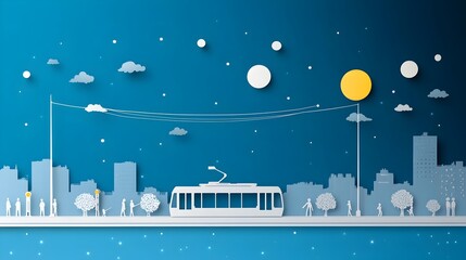Poster - Tram Passing Through Bustling Paper Cut City Street