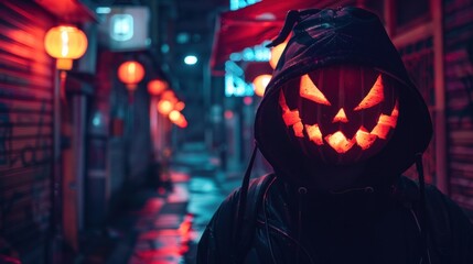 Wall Mural - Mysterious halloween Pumpkin Man in cyberpunk city. ai generated image