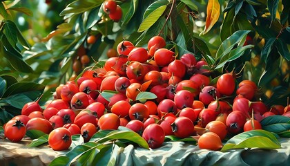 Wall Mural - A bright red fruit is piled up against a green background, showing a beautiful scene of a bumper harvest.