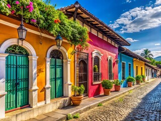 Vibrant colorful colonial-style buildings line cobblestone streets in the historic town of Suchitoto, El Salvador,