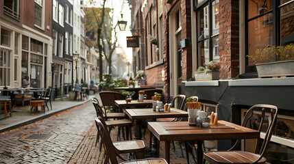 A quaint outdoor café with wooden tables and chairs is nestled along a quiet cobblestone street lined with brick buildings in a European city, creating a peaceful and inviting atmosphere.