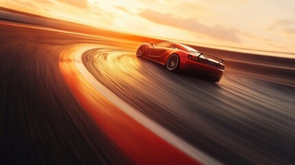 Wall Mural - Red Sports Car on a Race Track at Sunset