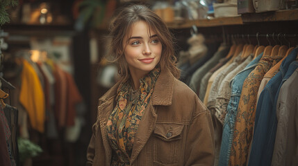 A stylish woman smiles while browsing through vintage clothing in a cozy shop, showcasing a trendy brown jacket and floral scarf.