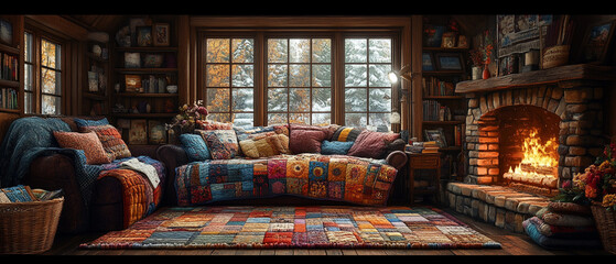 Cozy living room with a fireplace, colorful couch, and warm atmosphere, perfect for relaxation and comfort during winter.